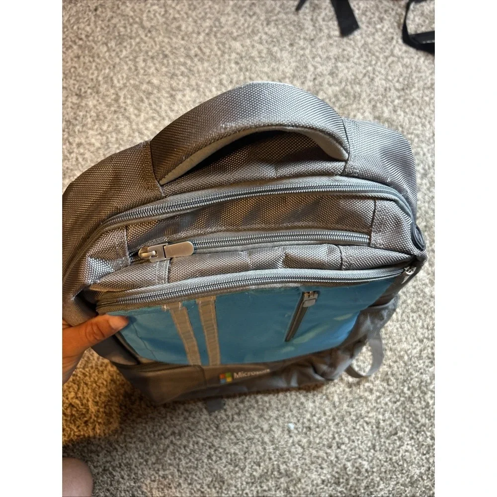 Microsoft Padded Laptop Backpack Strap Multiple Pockets Zip Blue Gray 18